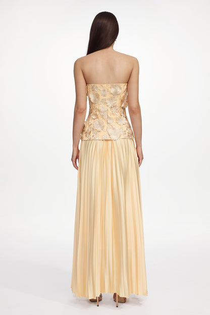Shardae Romantic Tailored Strapless Pleated Floral Maxi Dress
