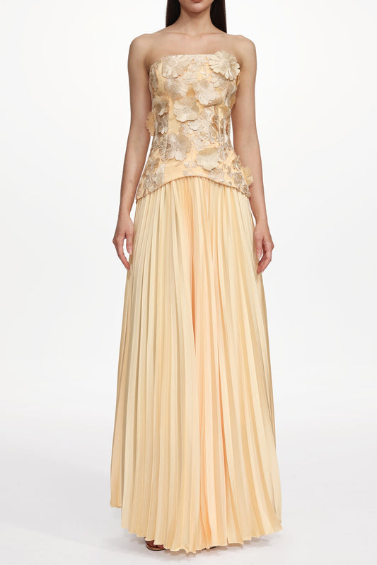 Shardae Romantic Tailored Strapless Pleated Floral Maxi Dress