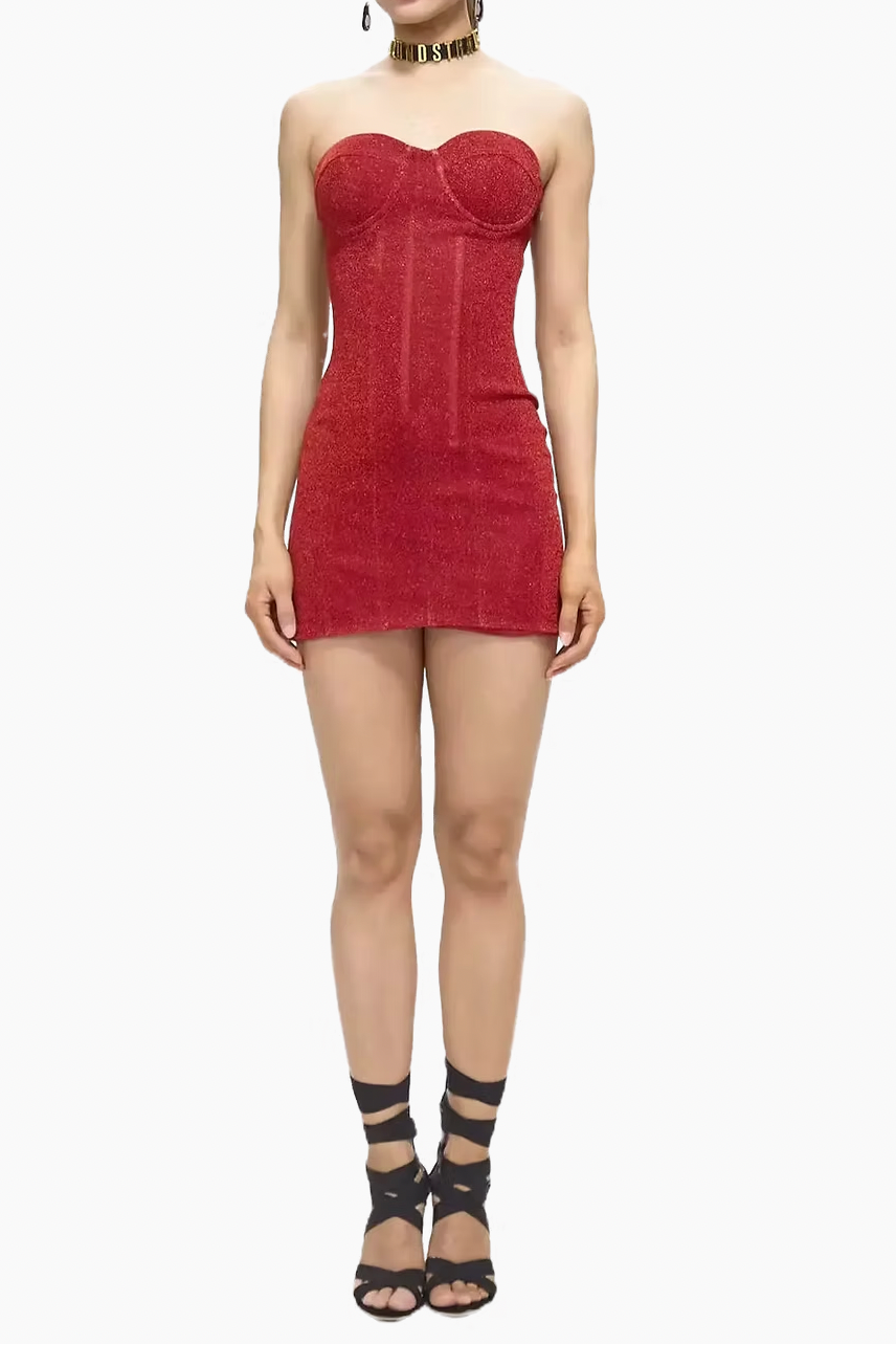 Corset Strapless Mini Dress with Lace-up Back in Red
