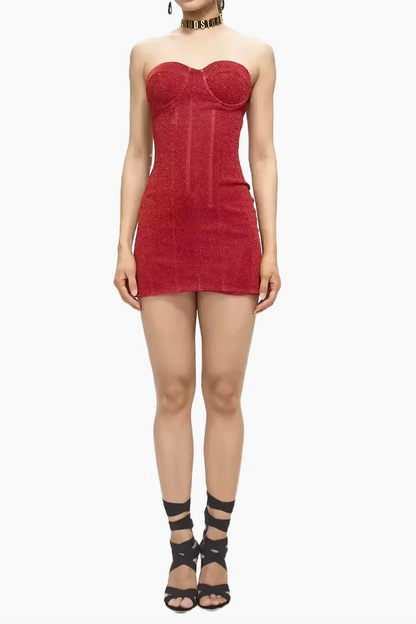 Corset Strapless Mini Dress with Lace-up Back in Red
