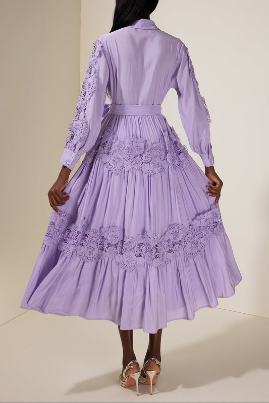 alexandra Splicing Flapped Lace hollow Midi Dress in purple