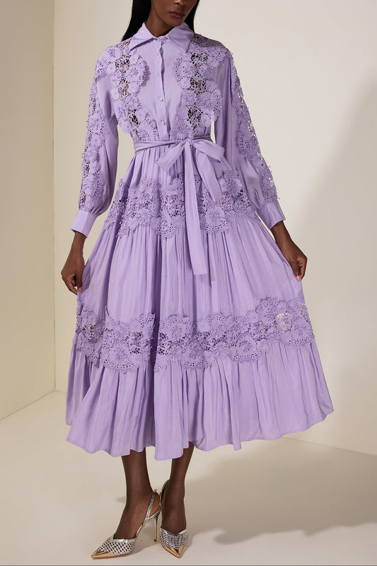 alexandra Splicing Flapped Lace hollow Midi Dress in purple