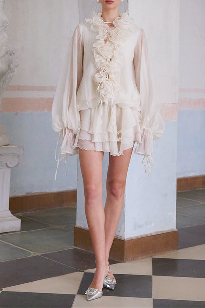 Zéphyrine floral-appliqué tiered mini dress in Neutrals
