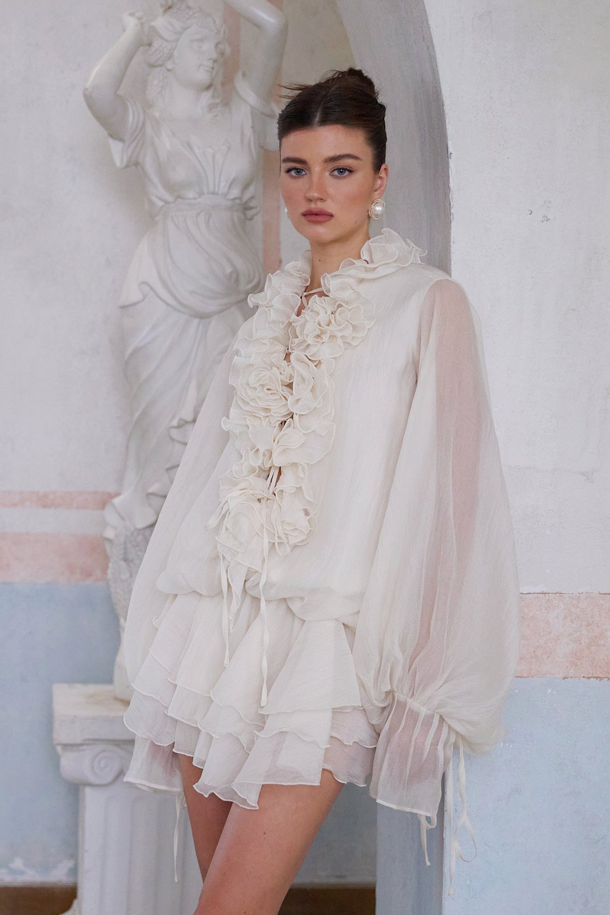 Zéphyrine floral-appliqué tiered mini dress in Neutrals