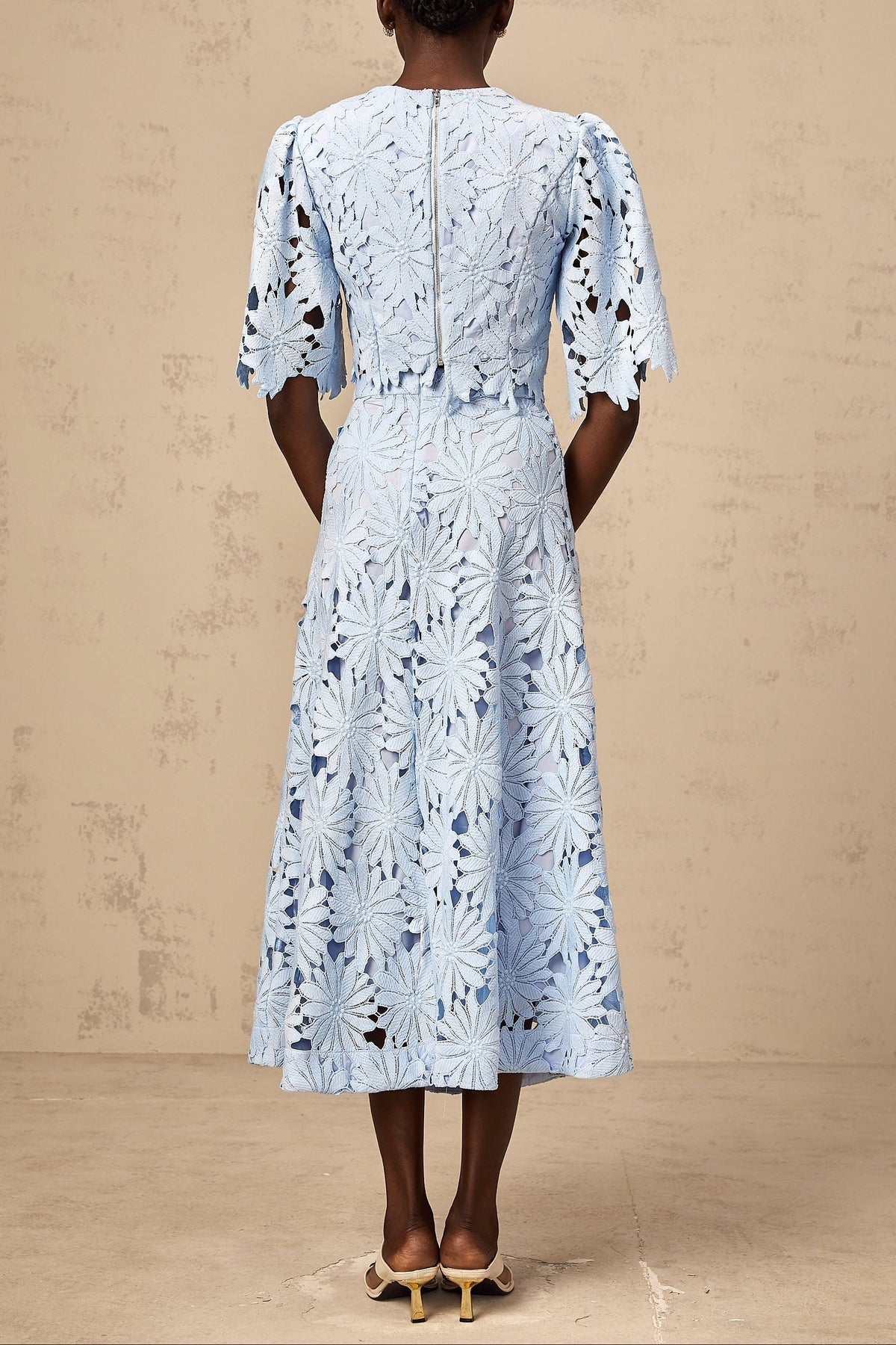 penny Openwork floral lace blouse maxi skirt set - blue
