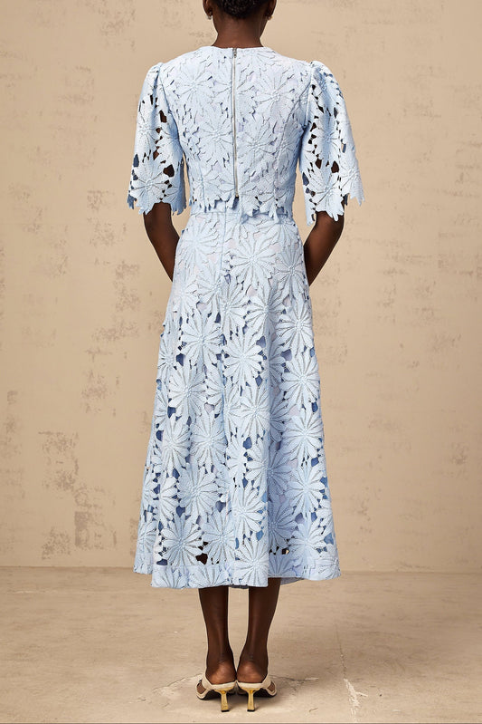 penny Openwork floral lace blouse maxi skirt set - blue
