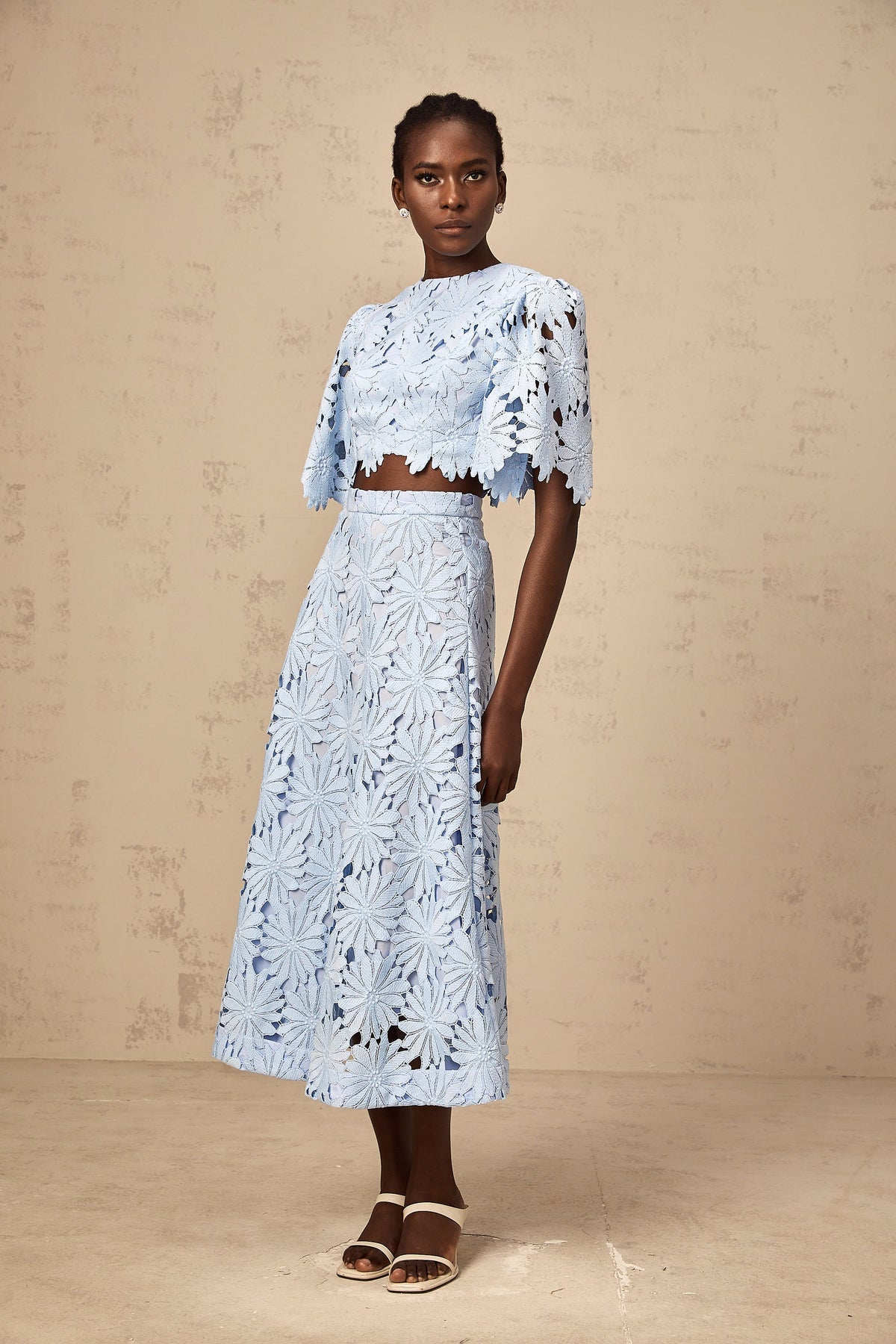 penny Openwork floral lace blouse maxi skirt set - blue