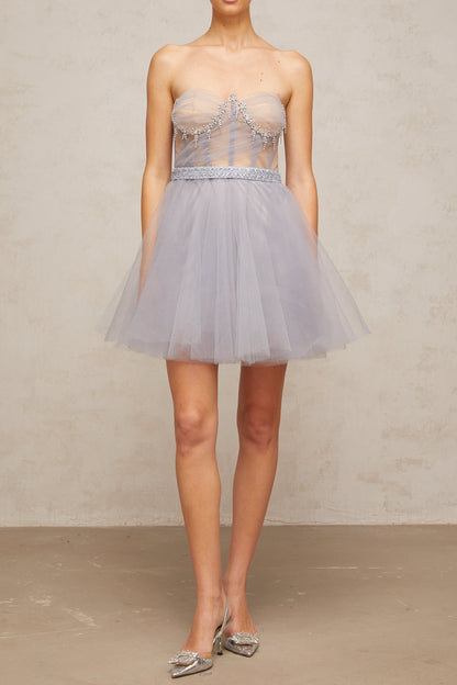 madeline grey embellished puff tulle mini dress