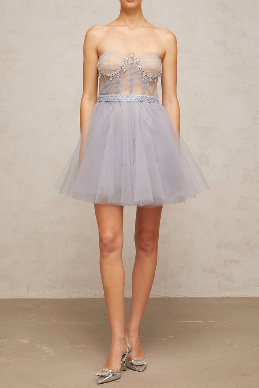 madeline grey embellished puff tulle mini dress