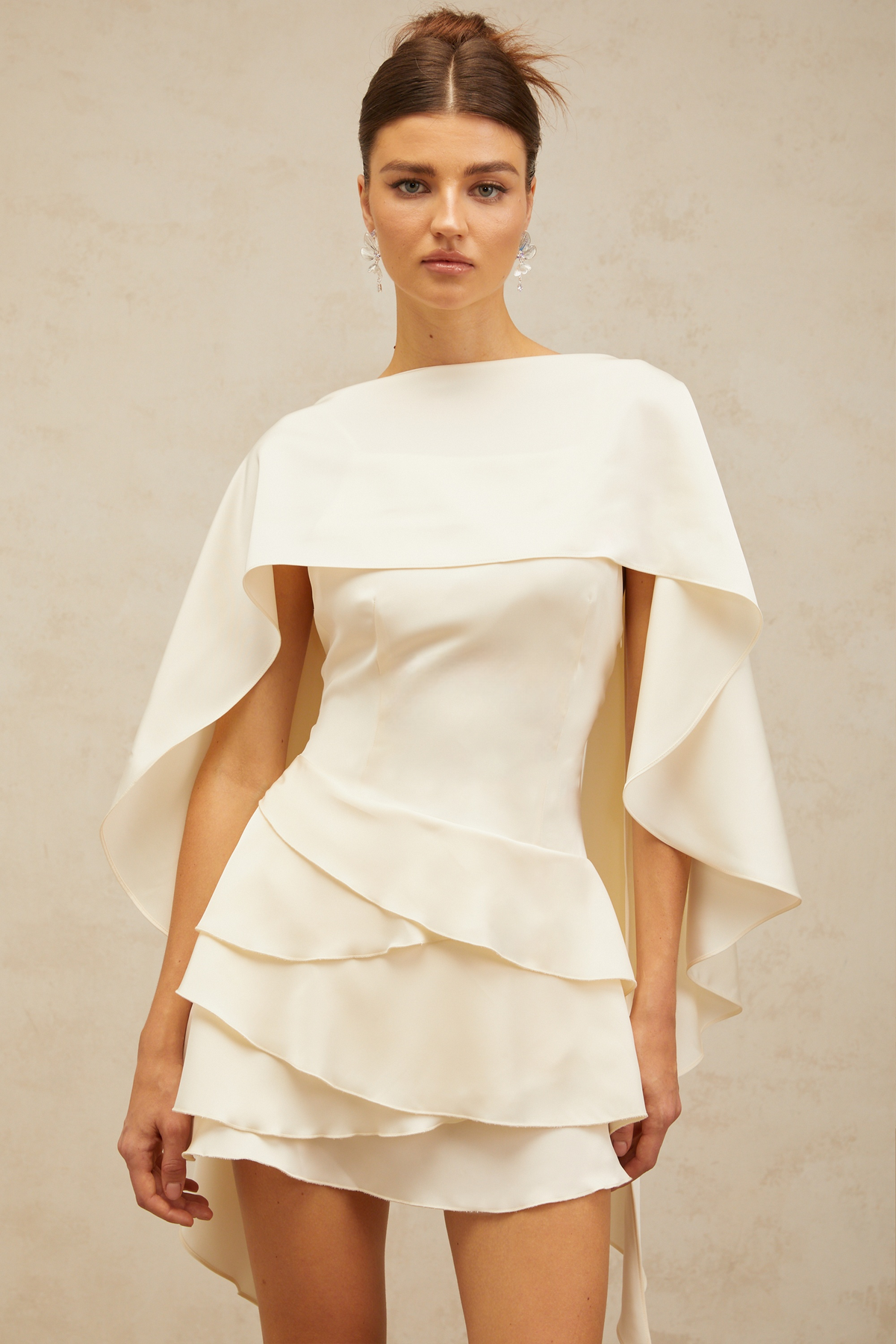 Lyna White Satin Ruffled Mini Dress with Shawl Panel Detail