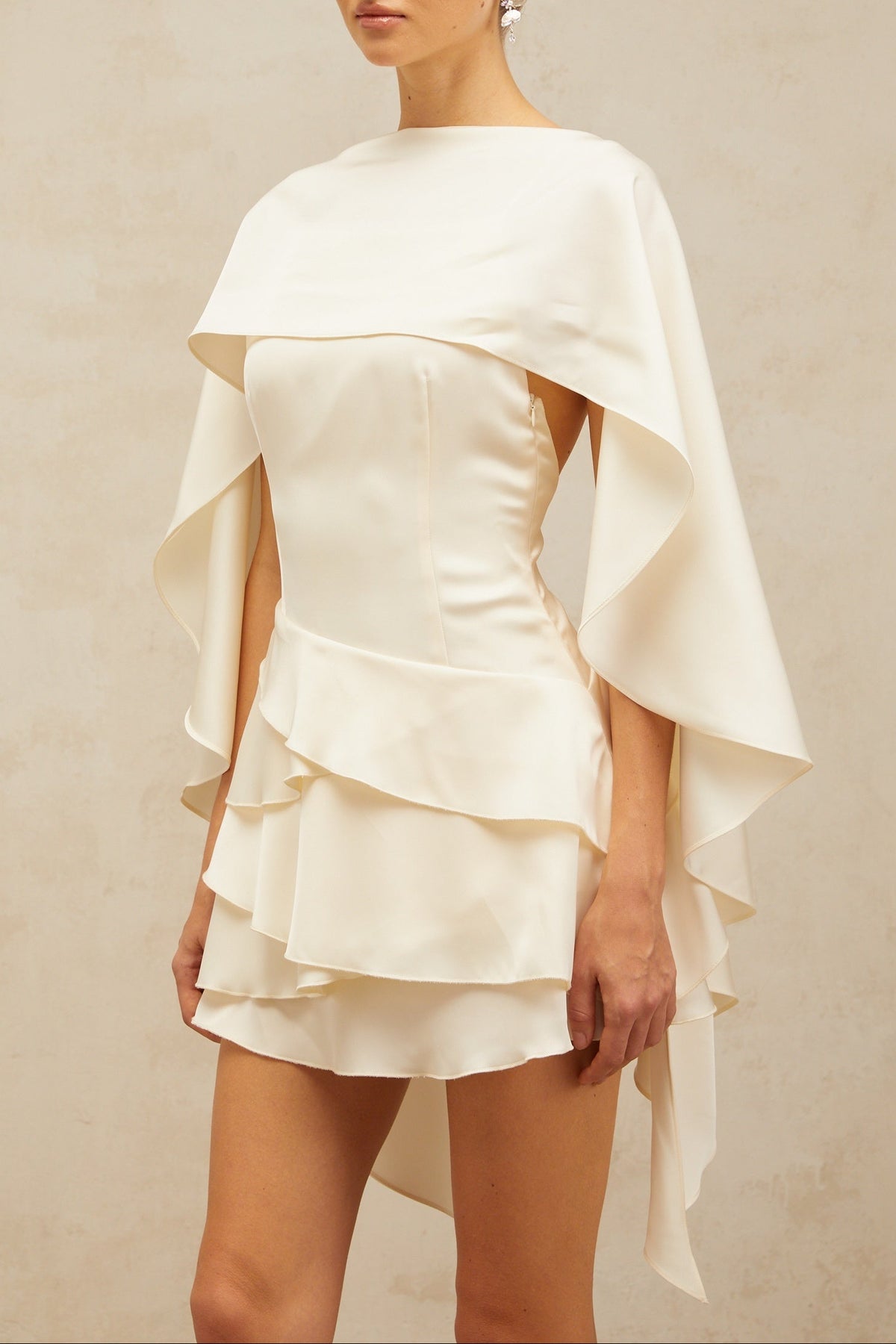 Lyna White Satin Ruffled Mini Dress with Shawl Panel Detail