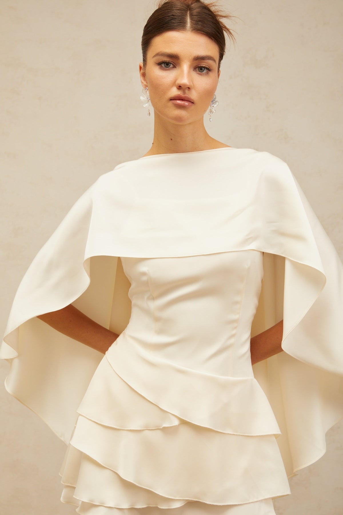 Lyna White Satin Ruffled Mini Dress with Shawl Panel Detail