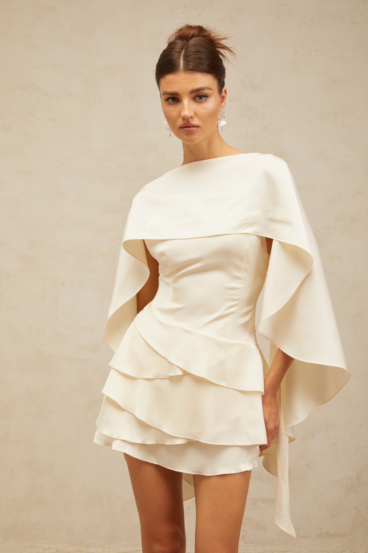Lyna White Satin Ruffled Mini Dress with Shawl Panel Detail