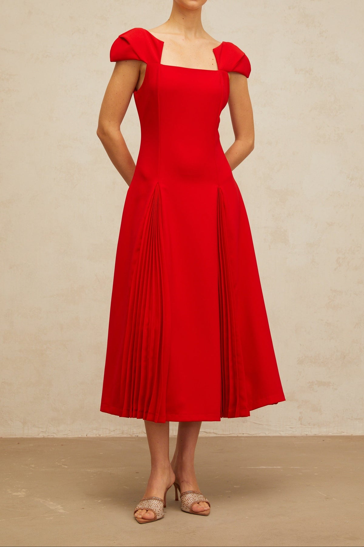 Gervaise red pleated-detail flared midi dress