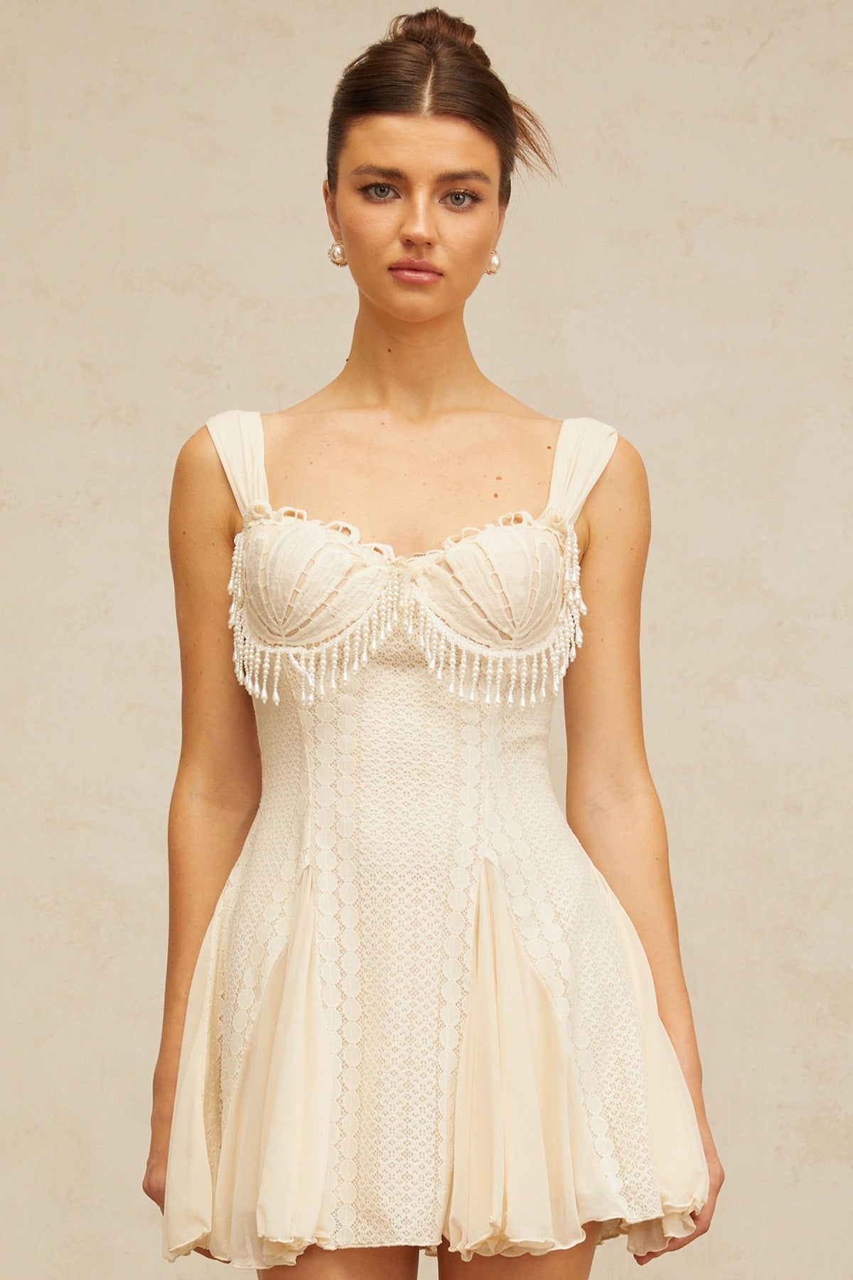 atalanta embellished flared mini dress in cream-white