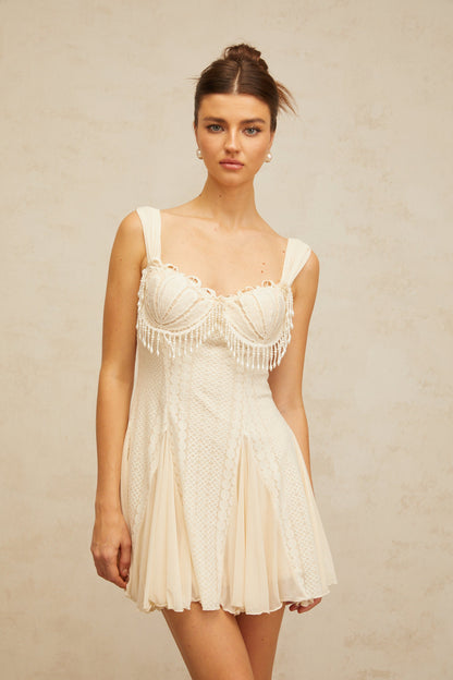 atalanta embellished flared mini dress in cream-white