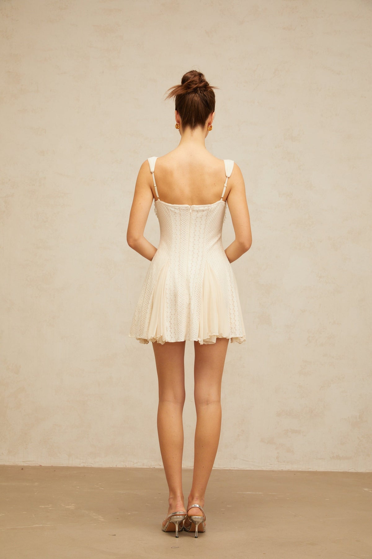 atalanta embellished flared mini dress in cream-white