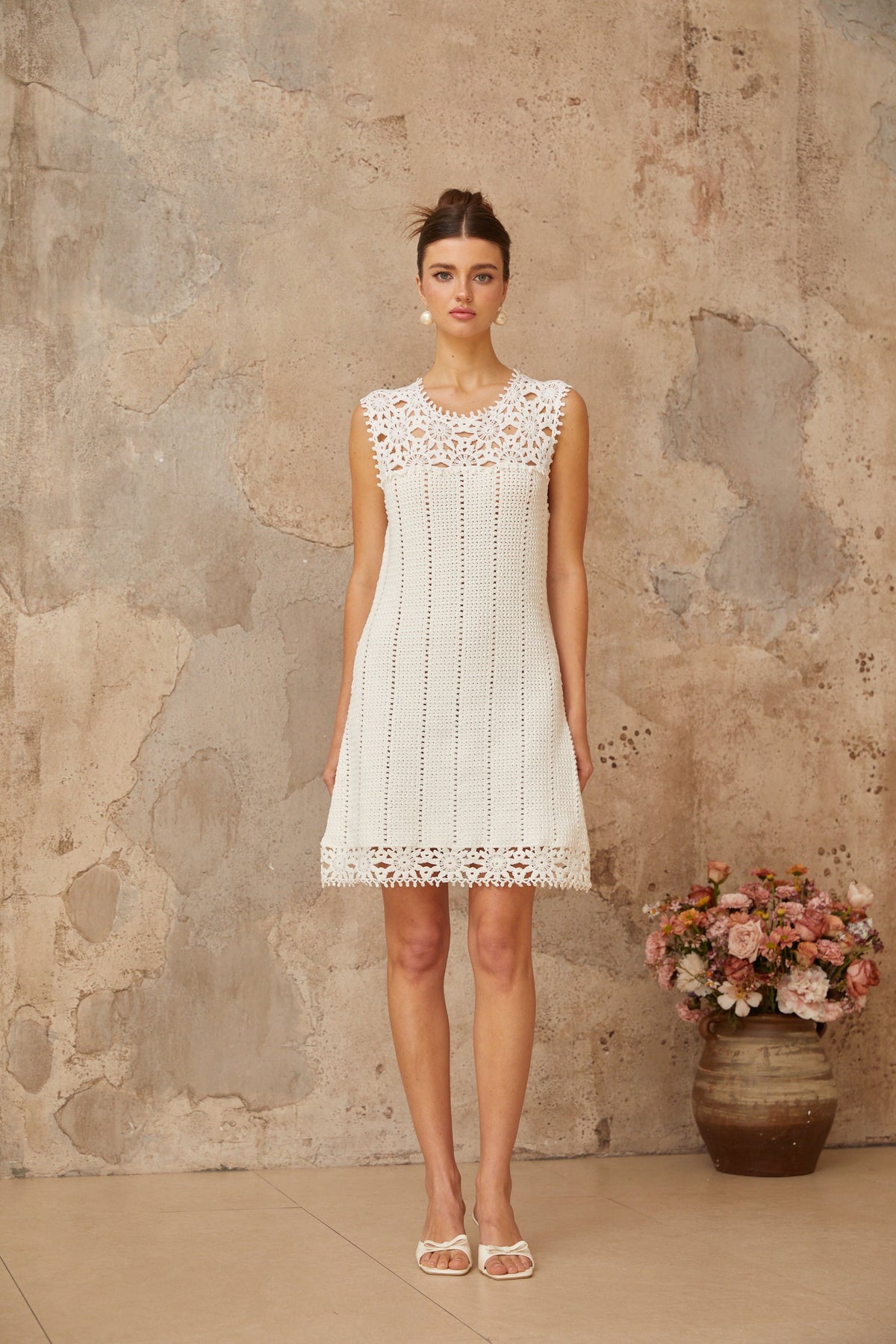 Floral Crochet Mini Dress in white