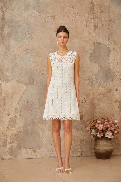 Floral Crochet Mini Dress in white