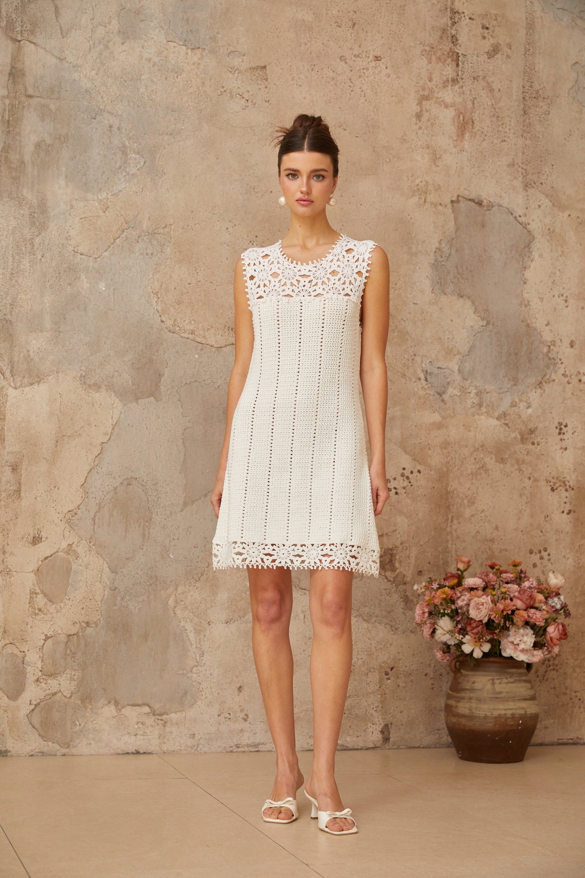 Floral Crochet Mini Dress in white