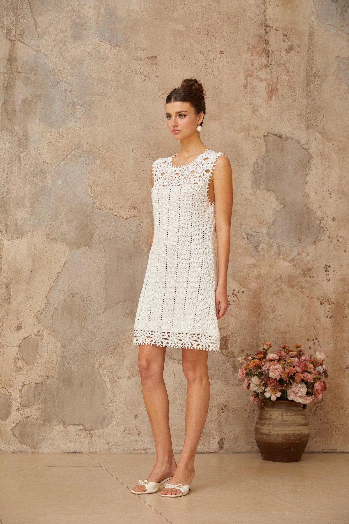 Floral Crochet Mini Dress in white