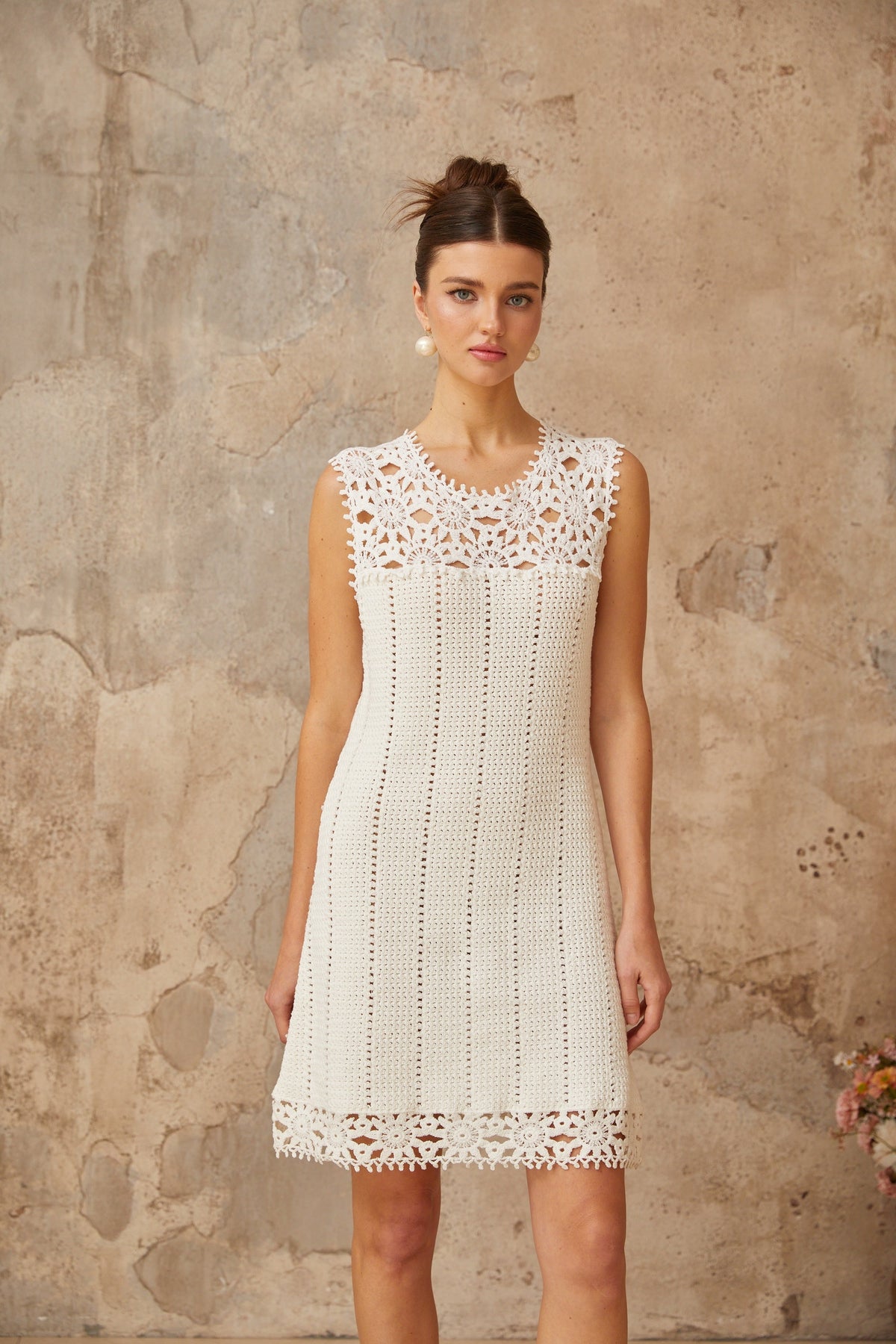 Floral Crochet Mini Dress in white
