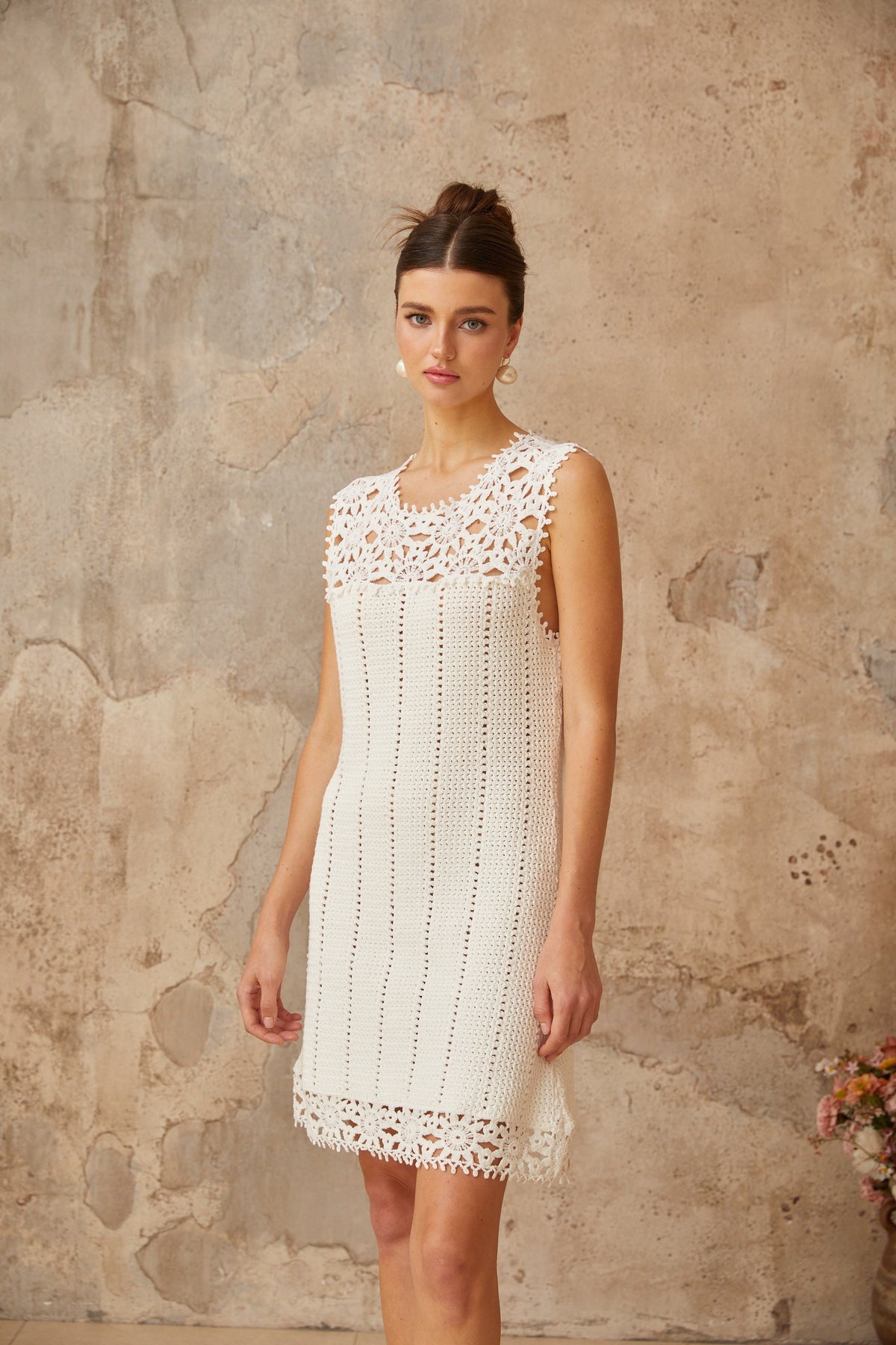 Floral Crochet Mini Dress in white