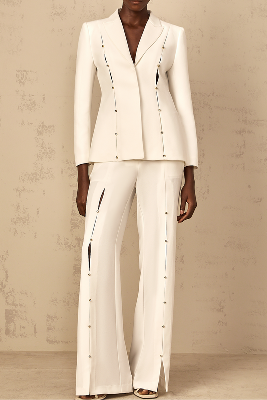 theresa diamond studded hollow out blazer set in white