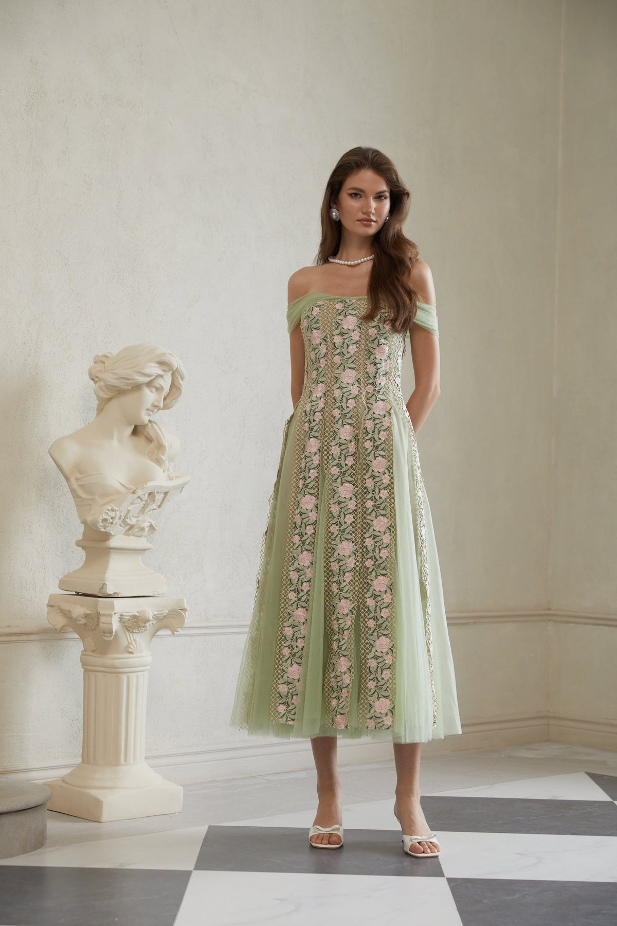 octavia Tulle Panel Floral Midi Dress in green