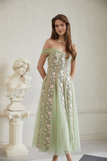 octavia Tulle Panel Floral Midi Dress in green