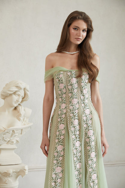 octavia Tulle Panel Floral Midi Dress in green