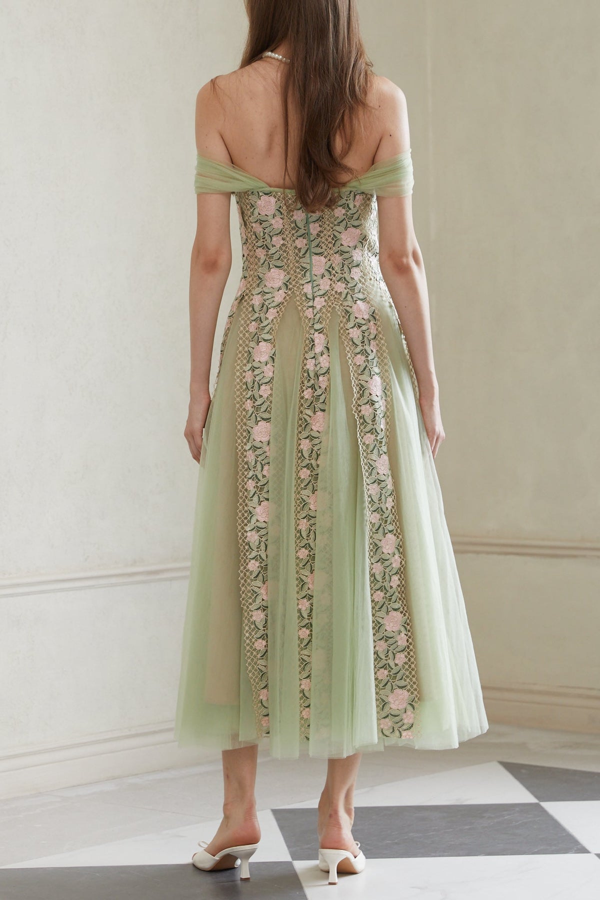 octavia Tulle Panel Floral Midi Dress in green