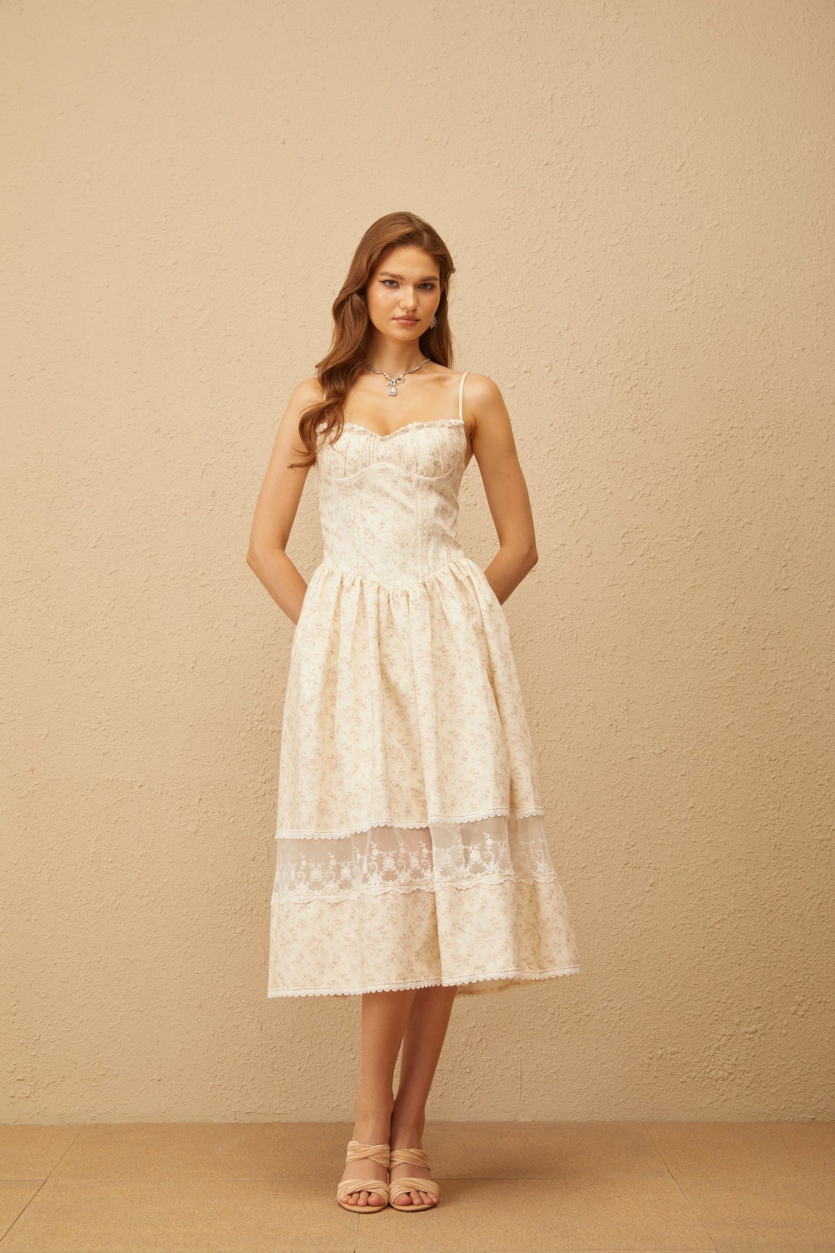 kimberley Neutral Lace Trim Floral Midi Dress in white