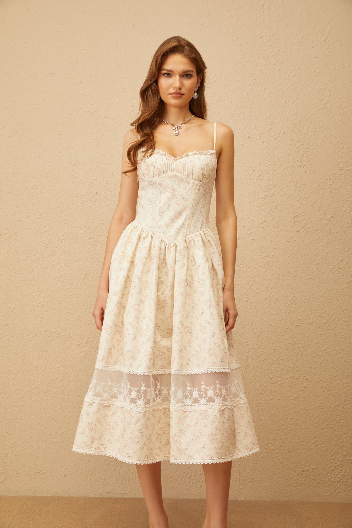kimberley Neutral Lace Trim Floral Midi Dress in white