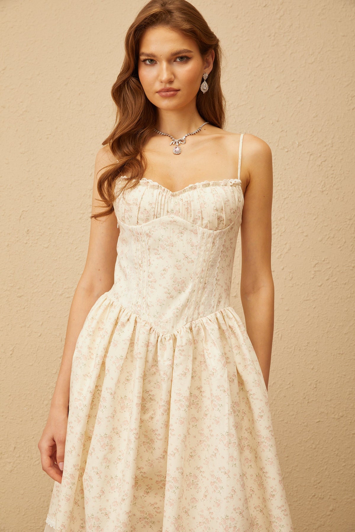 kimberley Neutral Lace Trim Floral Midi Dress in white