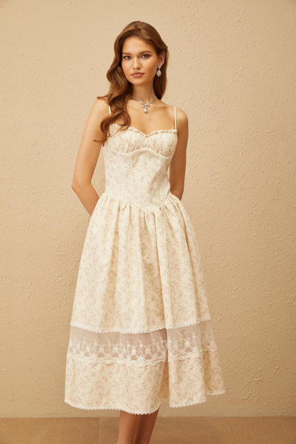 kimberley Neutral Lace Trim Floral Midi Dress in white