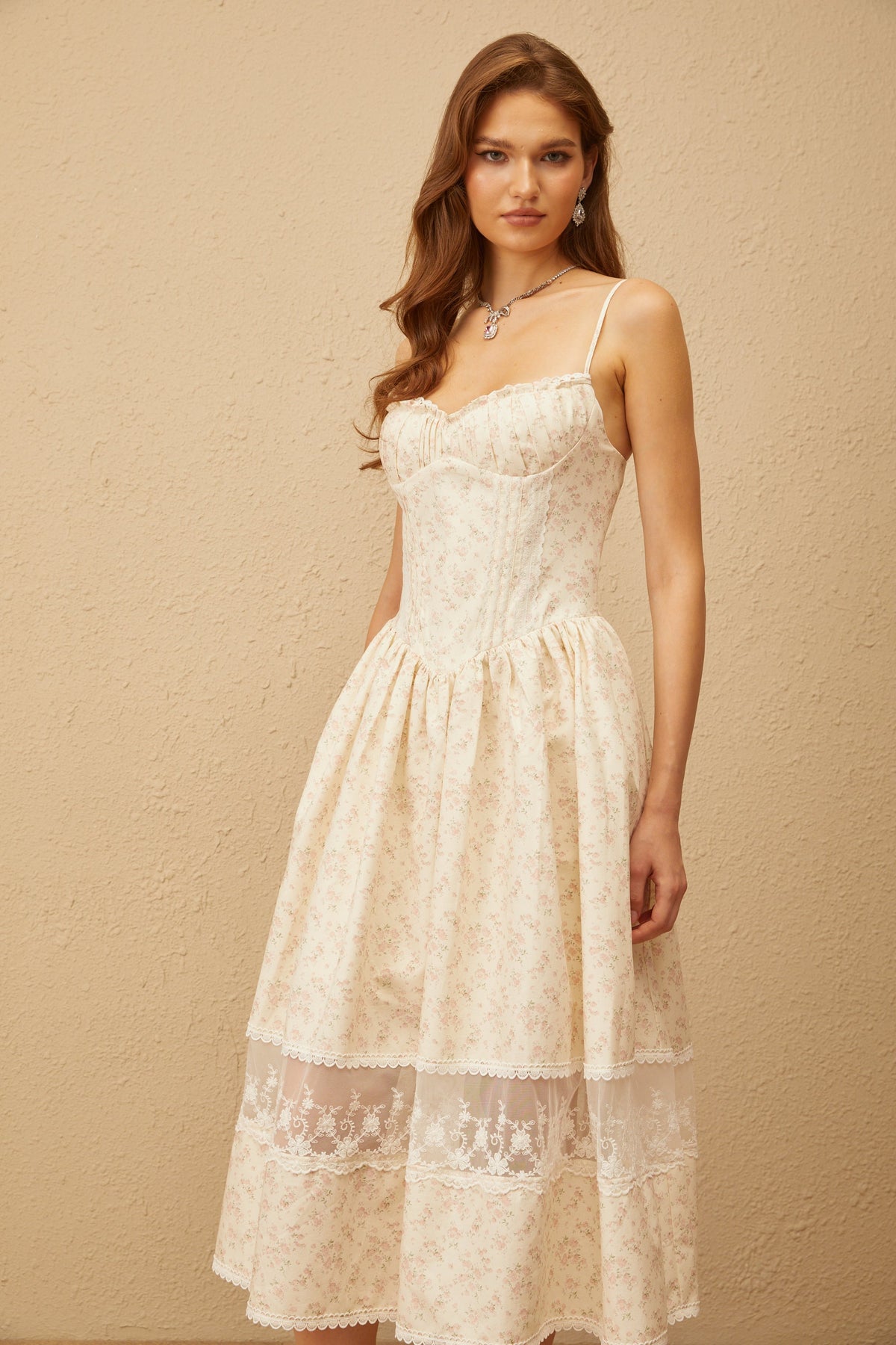 kimberley Neutral Lace Trim Floral Midi Dress in white