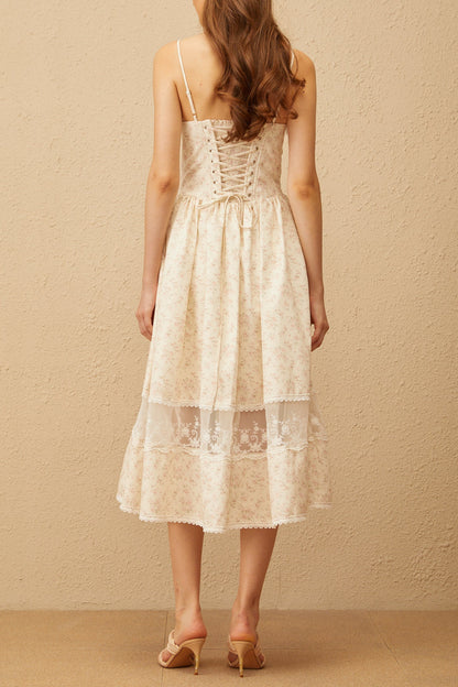 kimberley Neutral Lace Trim Floral Midi Dress in white