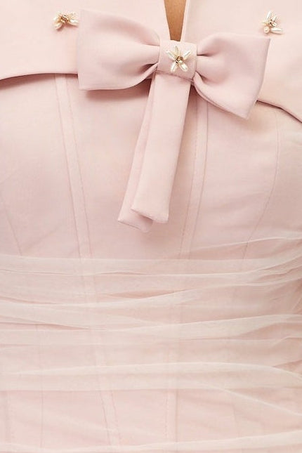 Cape Bow Pearl Corset Pleated Maxi Dress