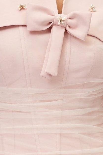 Cape Bow Pearl Corset Pleated Maxi Dress