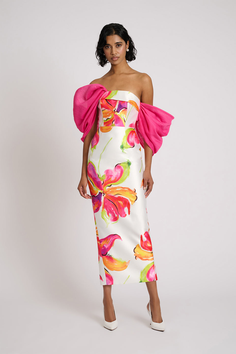sylvia floral print strapless maxi dress in white