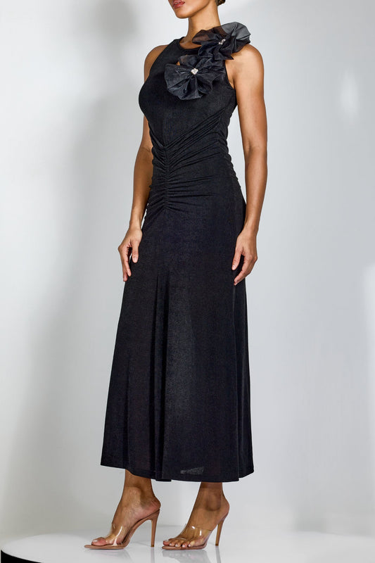 nicola Flower bow pleated bodycon maxi dress in black