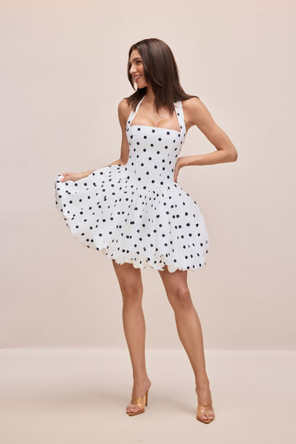 White Black Polka Dot Halter Square Neck Bubble Mini Dress