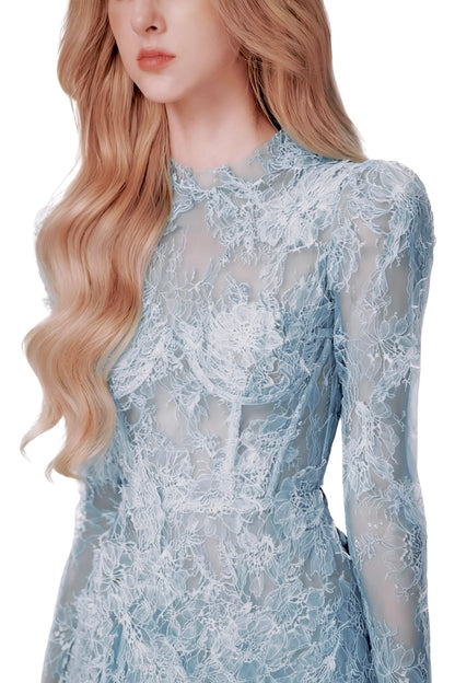 FLORAL AND RAMAGE EMBROIDERY MIDI DRESS IN BLUE