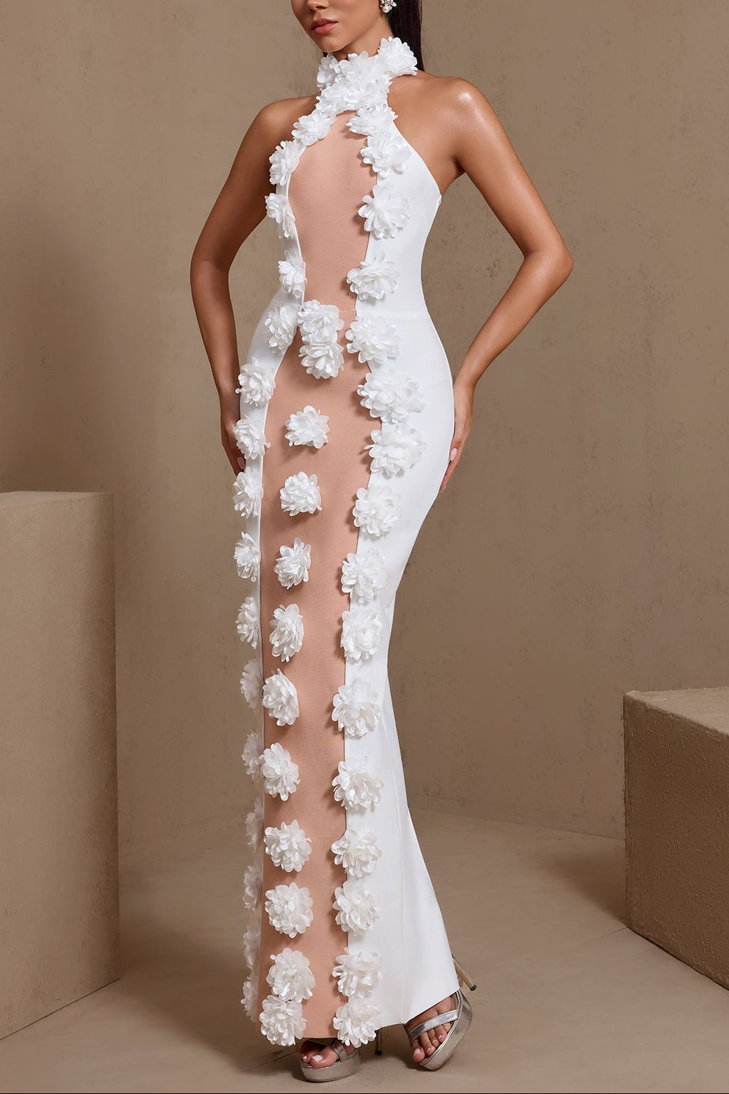 jennifer white Halter Neck 3D Flowers Bandage Maxi Dress
