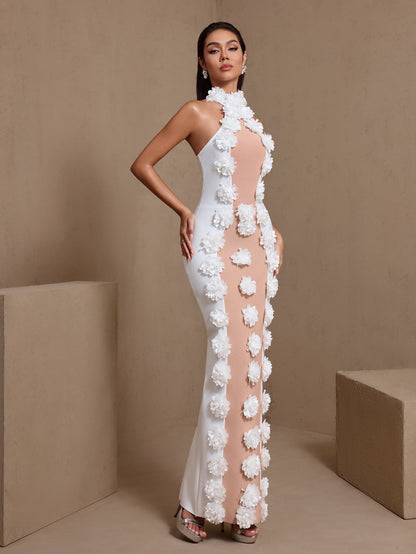 jennifer white Halter Neck 3D Flowers Bandage Maxi Dress