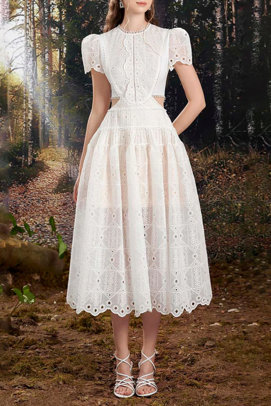 CUT OUT LACE DETAIL MIDI DRESS IN WHITE