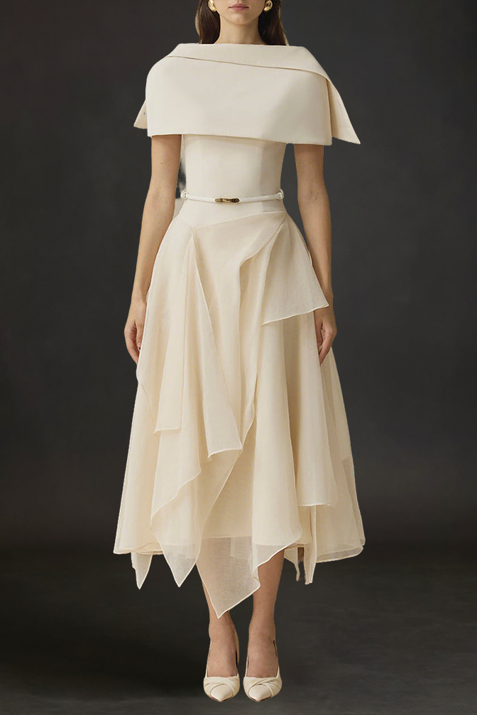 kelly beige Cape Sleeve Ruffle Midi Dress with belt