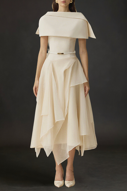 kelly beige Cape Sleeve Ruffle Midi Dress with belt