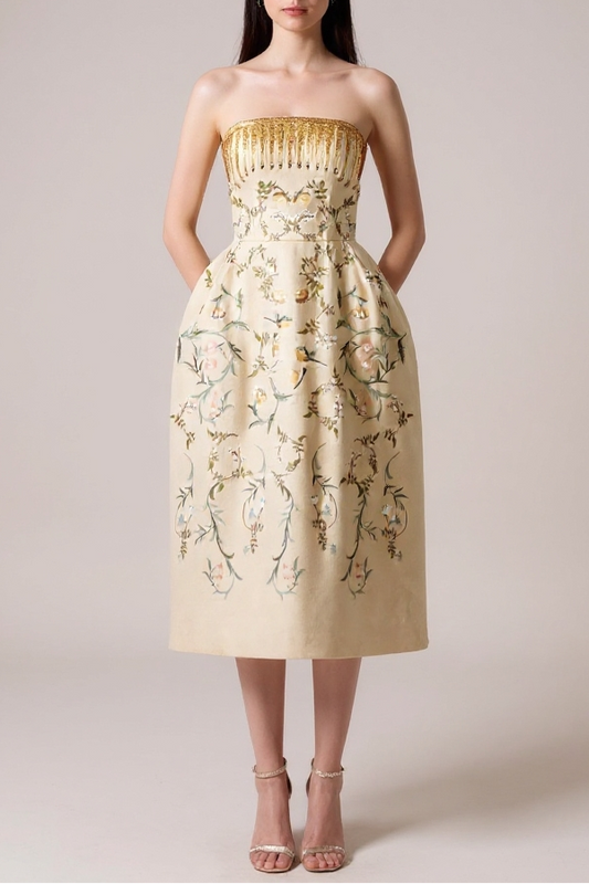 EMBROIDERED PRINTED MIDI DRESS IN BEIGE